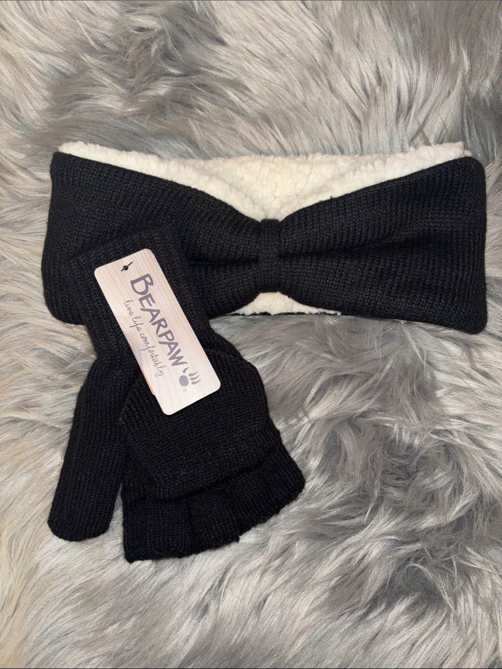 BearPaw Black Knit Ear Warmer Headband & Convertible Mittens Set